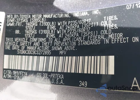 2012 Toyota Sienna Le V6 8 Passenger z USA, uszkodzony, nr VIN 5TDKK3DC9CS272895